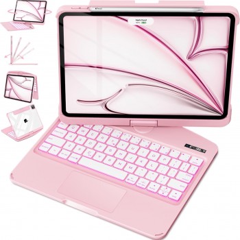 Pink Backlit iPad Keyboard Case, Suitable for iPad Tablets, 7-Color Backlit,Magic Wireless Keyboard, 360°Rotating,with trackpad,Pencil Holder