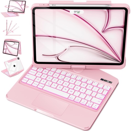 Pink Backlit iPad Keyboard Case, Suitable for iPad Tablets