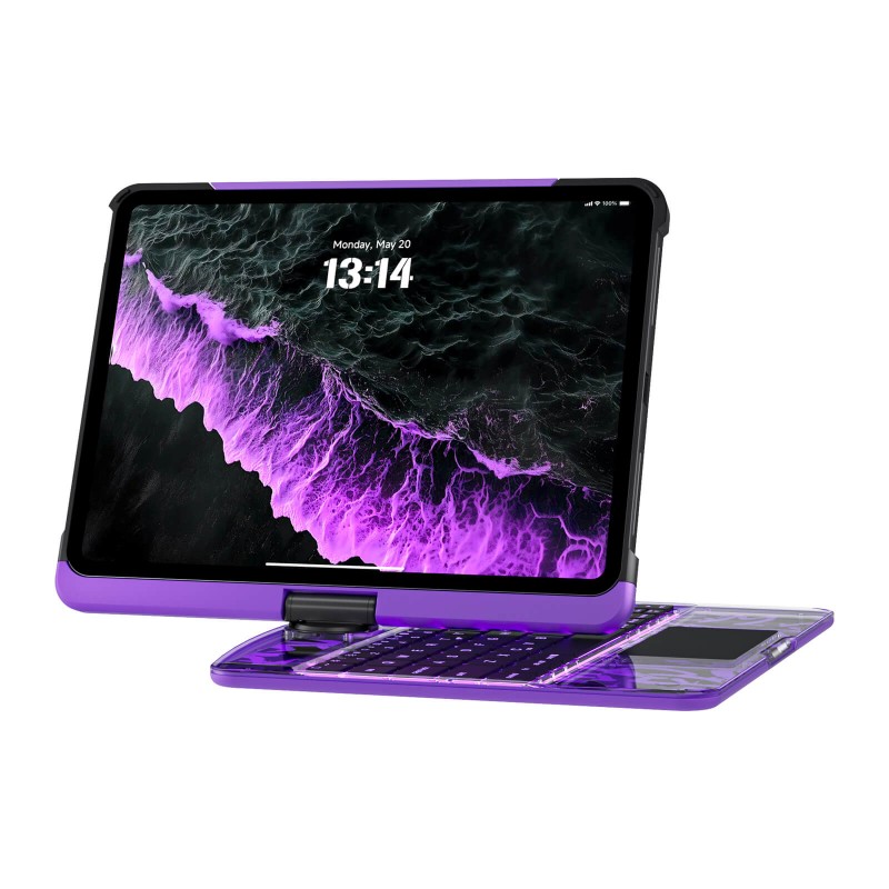 Transparent Purple Backlit iPad Keyboard Case, Suitable for iPad Tablets, 7-Color Backlit,Magic Wireless Keyboard, 360°Rotating,with trackpad,Pencil Holder