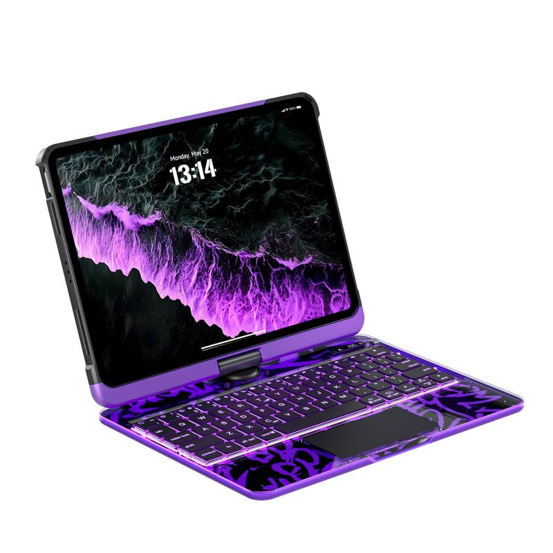 Transparent Purple Backlit iPad Keyboard Case, Suitable for iPad Tablets, 7-Color Backlit,Magic Wireless Keyboard, 360°Rotating,with trackpad,Pencil Holder