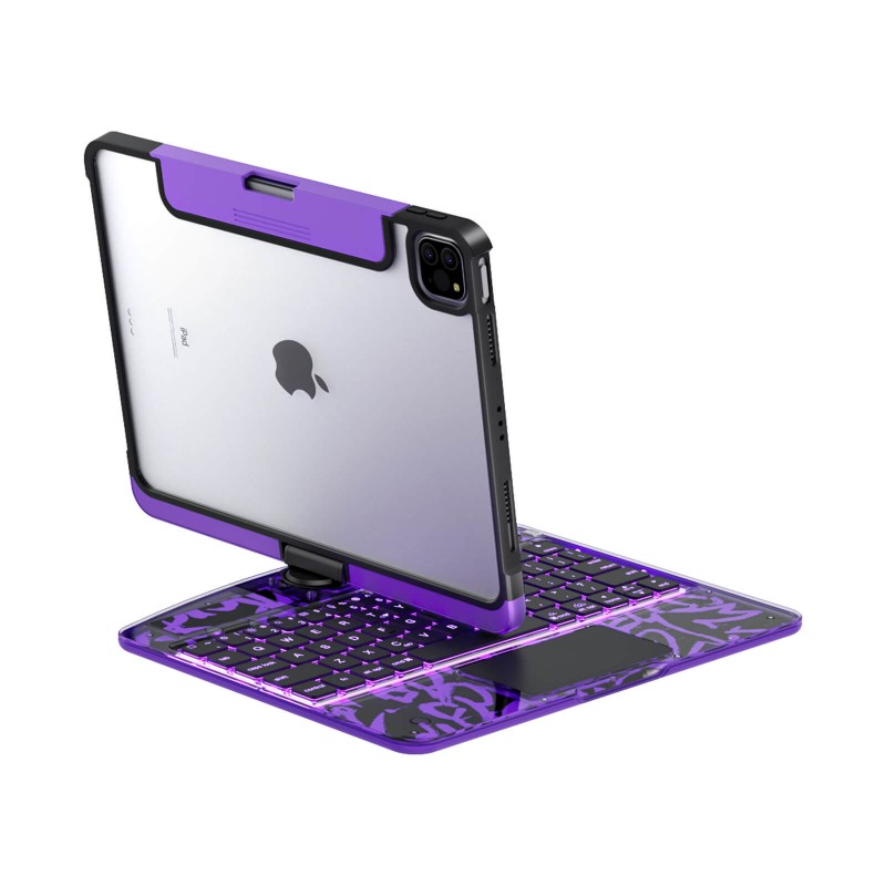 Transparent Purple Backlit iPad Keyboard Case, Suitable for iPad Tablets, 7-Color Backlit,Magic Wireless Keyboard, 360°Rotating,with trackpad,Pencil Holder