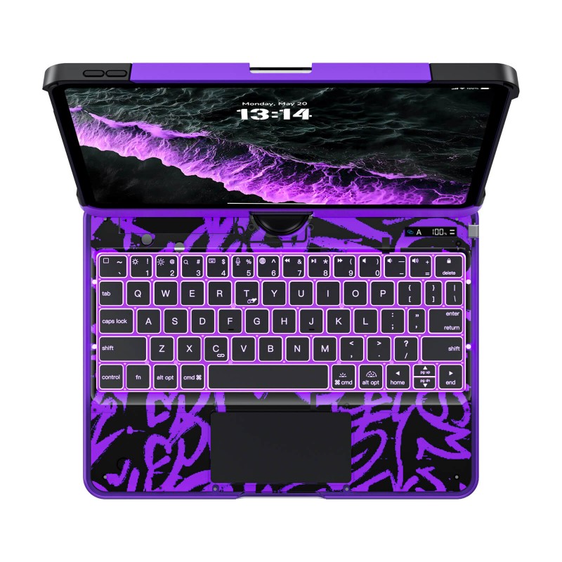 Transparent Purple Backlit iPad Keyboard Case, Suitable for iPad Tablets, 7-Color Backlit,Magic Wireless Keyboard, 360°Rotating,with trackpad,Pencil Holder