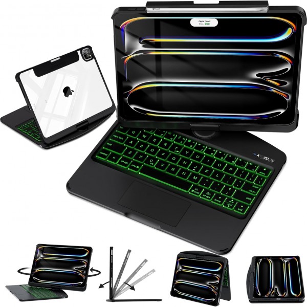 Black Backlit iPad Keyboard Case, Suitable for iPad Tablets