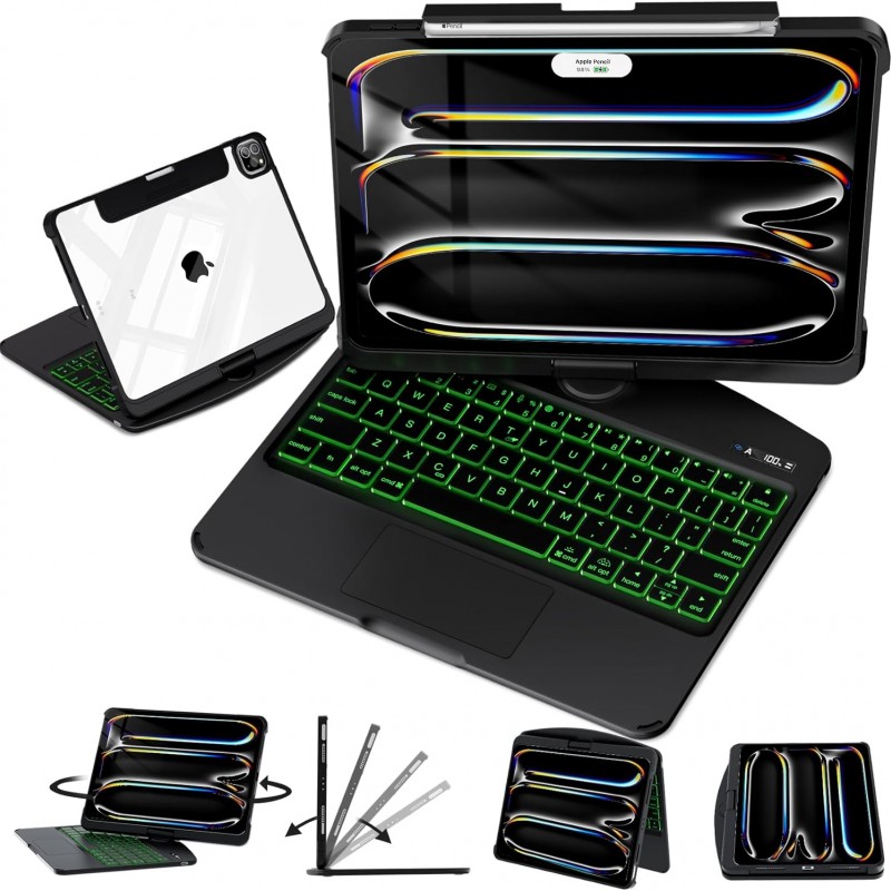 Black Backlit iPad Keyboard Case, Suitable for iPad Tablets, 7-Color Backlit,Magic Wireless Keyboard, 360°Rotating,with trackpad,Pencil Holder Black Backlit iPad Keyboard Case, Suitable for iPad Tablets, 7-Color Backlit,Magic Wireless Keyboard, 360°Rotating,with trackpad,Pencil Holder
