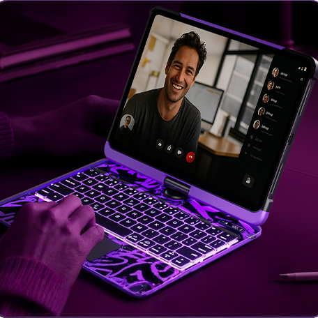 Transparent Purple Backlit iPad Keyboard Case, Suitable for iPad Tablets, 7-Color Backlit,Magic Wireless Keyboard, 360°Rotating,with trackpad,Pencil Holder