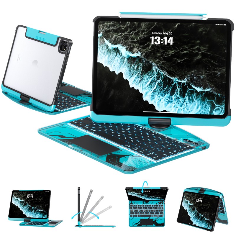 Transparent Blue Backlit iPad Keyboard Case, Suitable for iPad Tablets, 7-Color Backlit,Magic Wireless Keyboard, 360°Rotating,with trackpad,Pencil Holder