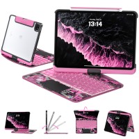 Transparent Pink Backlit iPad Keyboard Case, Suitable for iPad Tablets, 7-Color Backlit,Magic Wireless Keyboard, 360°Rotating,with trackpad,Pencil Holder