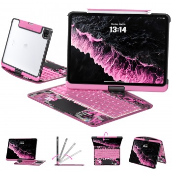Transparent Pink Backlit iPad Keyboard Case, Suitable for iPad Tablets, 7-Color Backlit,Magic Wireless Keyboard, 360°Rotating,with trackpad,Pencil Holder