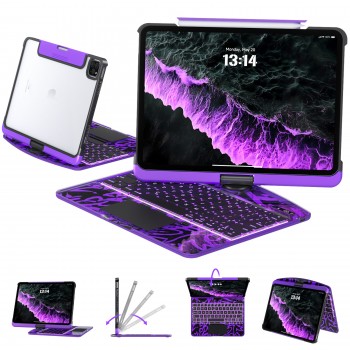 Transparent Purple Backlit iPad Keyboard Case, Suitable for iPad Tablets, 7-Color Backlit,Magic Wireless Keyboard, 360°Rotating,with trackpad,Pencil Holder