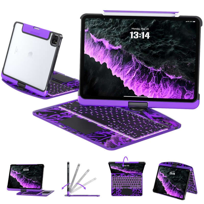 Transparent Purple Backlit iPad Keyboard Case, Suitable for iPad Tablets, 7-Color Backlit,Magic Wireless Keyboard, 360°Rotating,with trackpad,Pencil Holder