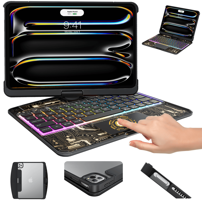Transparent Black Backlit iPad Keyboard Case, Suitable for iPad Tablets