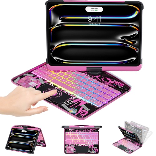 Transparent Pink Backlit iPad Keyboard Case, Suitable for iPad Tablets