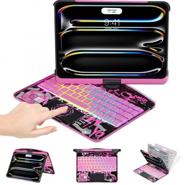Transparent Pink Backlit iPad Keyboard Case, Suitable for iPad Tablets