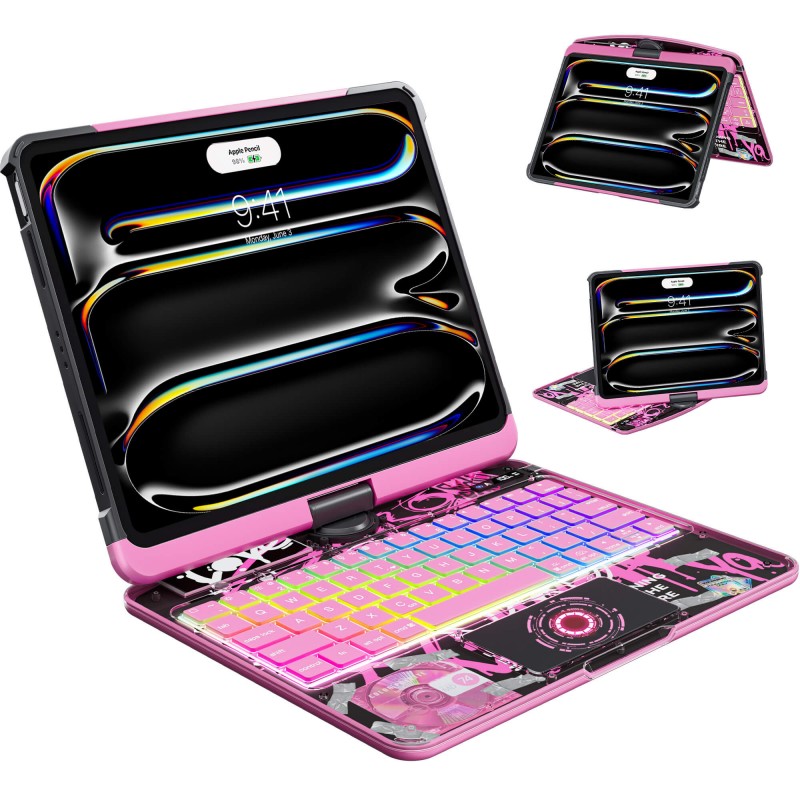 Transparent Pink Backlit iPad Keyboard Case, Suitable for iPad Tablets