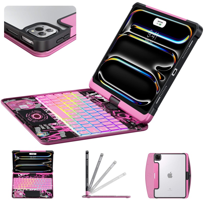 Transparent Pink Backlit iPad Keyboard Case, Suitable for iPad Tablets