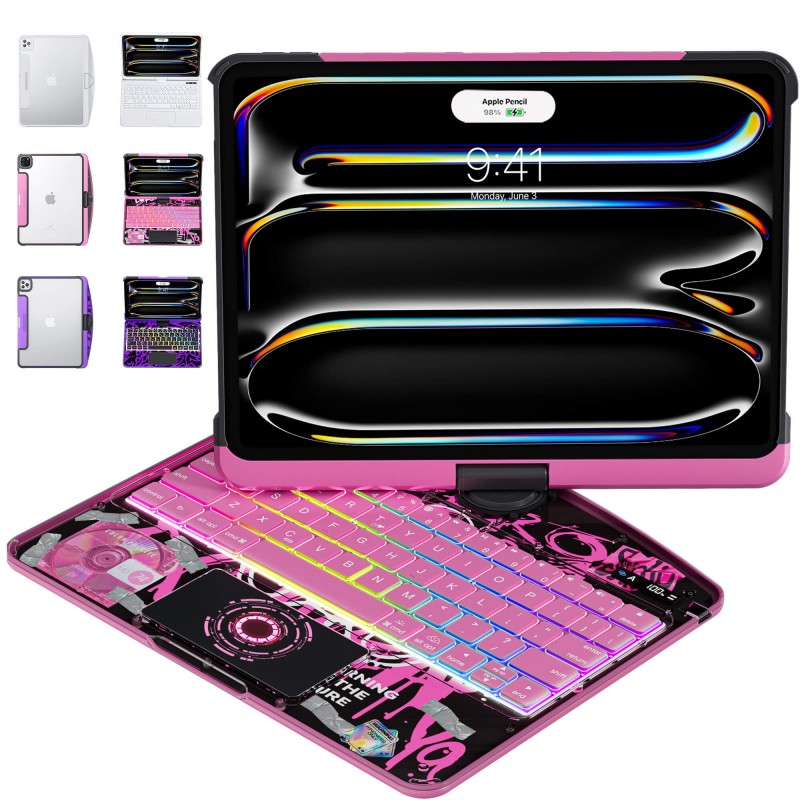 Transparent Pink Backlit iPad Keyboard Case, Suitable for iPad Tablets
