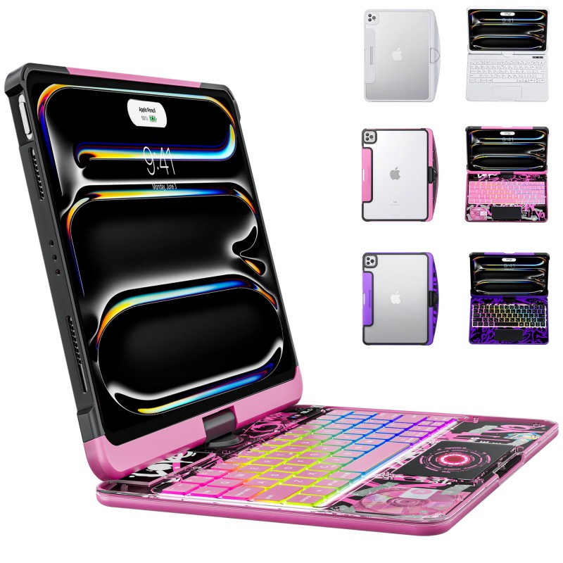 Transparent Pink Backlit iPad Keyboard Case, Suitable for iPad Tablets
