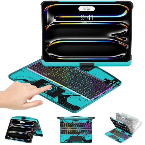 Transparent Blue Backlit iPad Keyboard Case, Suitable for iPad Tablets