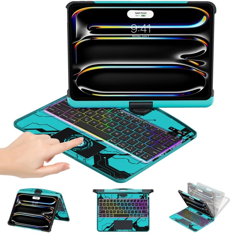 Transparent Blue Backlit iPad Keyboard Case, Suitable for iPad Tablets
