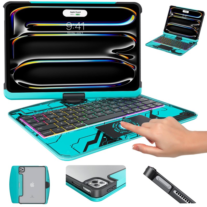Transparent Blue Backlit iPad Keyboard Case, Suitable for iPad Tablets