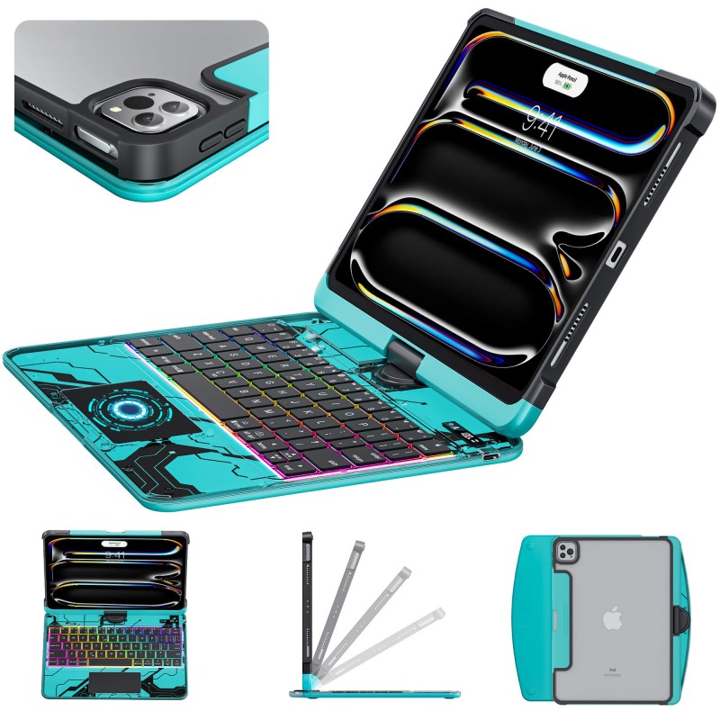 Transparent Blue Backlit iPad Keyboard Case, Suitable for iPad Tablets