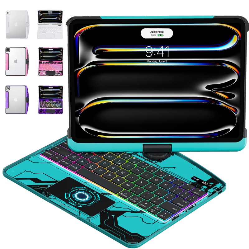 Transparent Blue Backlit iPad Keyboard Case, Suitable for iPad Tablets