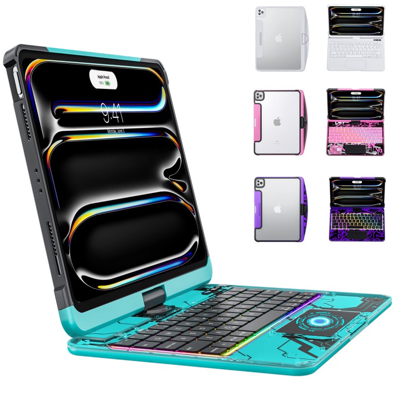 Transparent Blue Backlit iPad Keyboard Case, Suitable for iPad Tablets