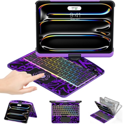 Transparent Purple Backlit iPad Keyboard Case, Suitable for iPad Tablets