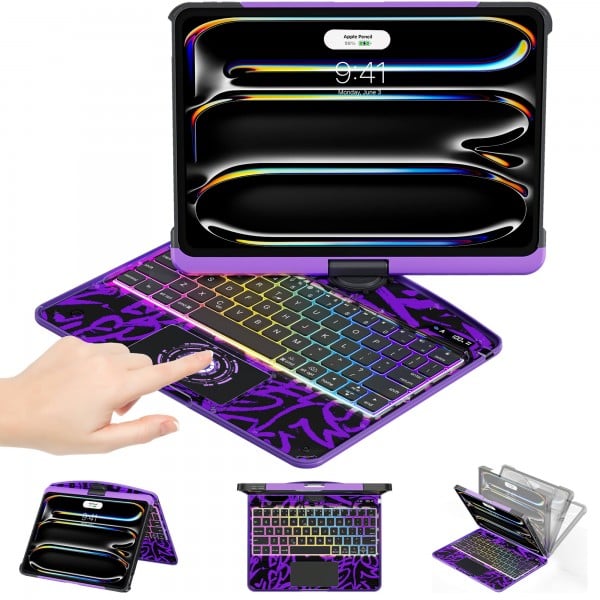 Transparent Purple Backlit iPad Keyboard Case, Suitable for iPad Tablets