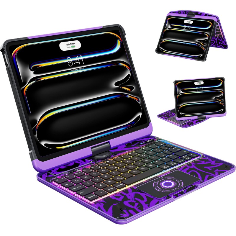 Transparent Purple Backlit iPad Keyboard Case, Suitable for iPad Tablets