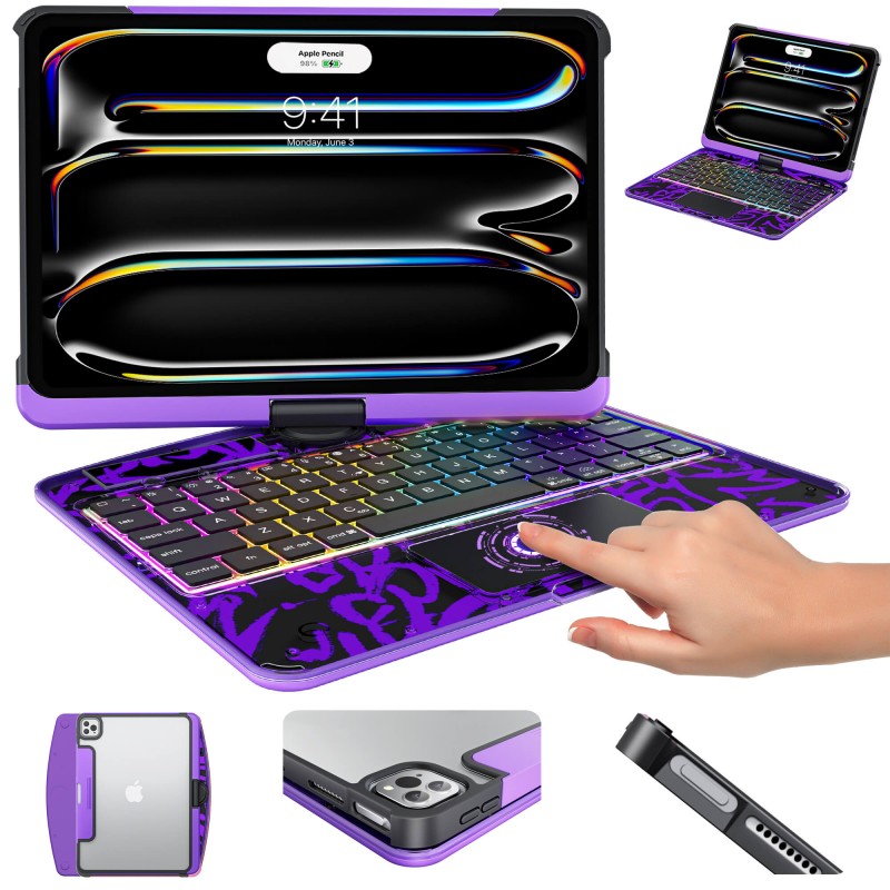 Transparent Purple Backlit iPad Keyboard Case, Suitable for iPad Tablets