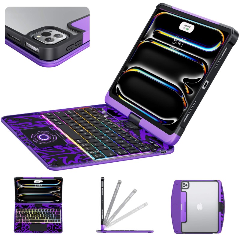 Transparent Purple Backlit iPad Keyboard Case, Suitable for iPad Tablets