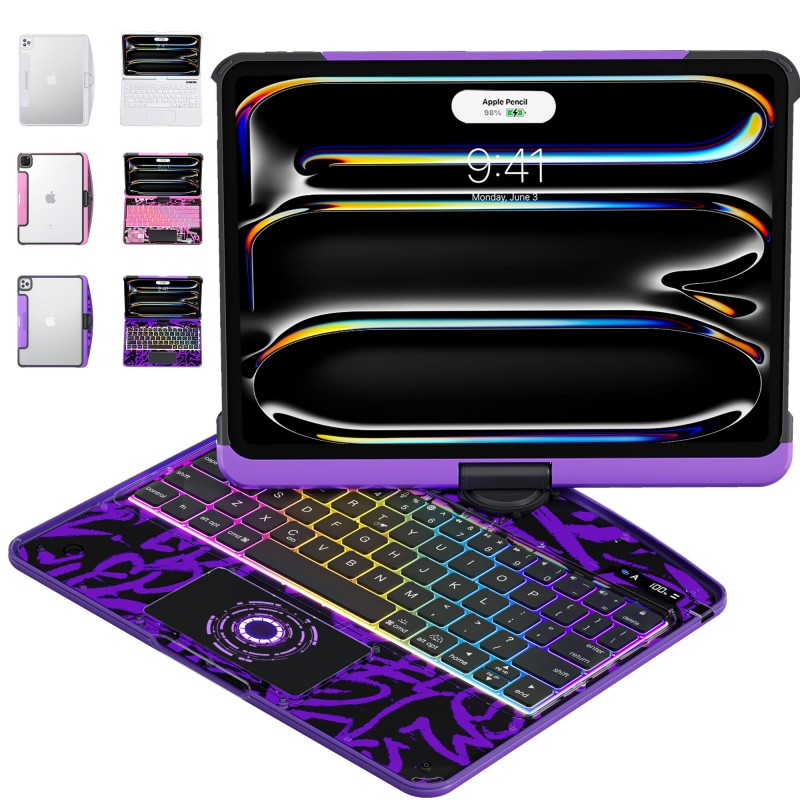 Transparent Purple Backlit iPad Keyboard Case, Suitable for iPad Tablets