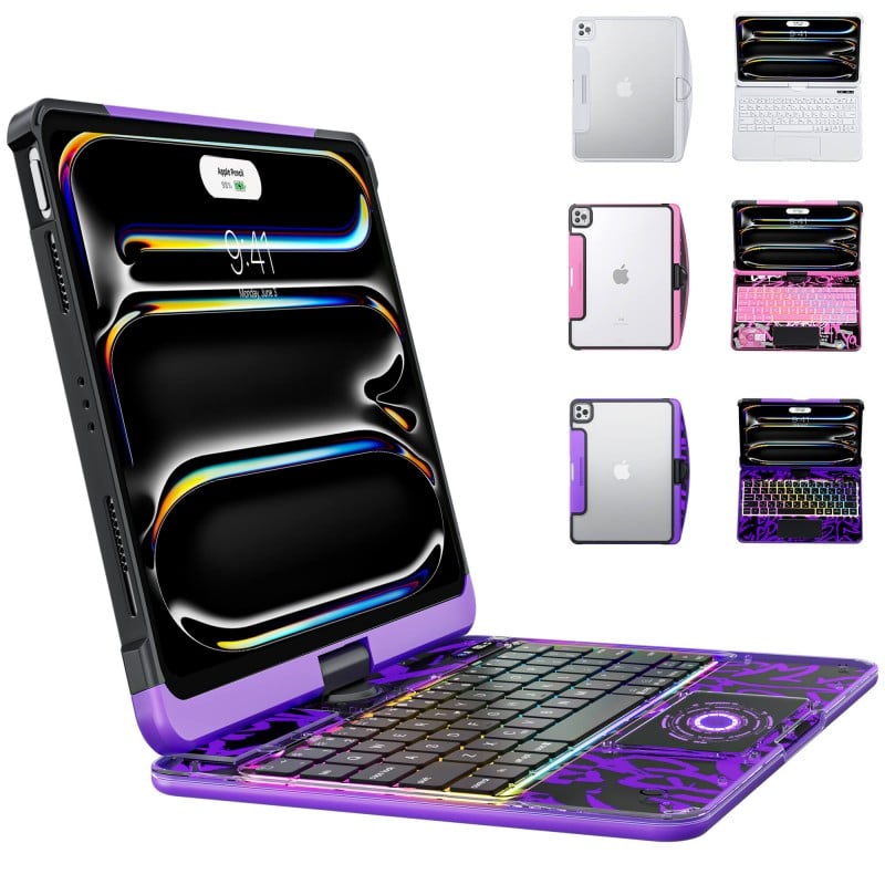 Transparent Purple Backlit iPad Keyboard Case, Suitable for iPad Tablets