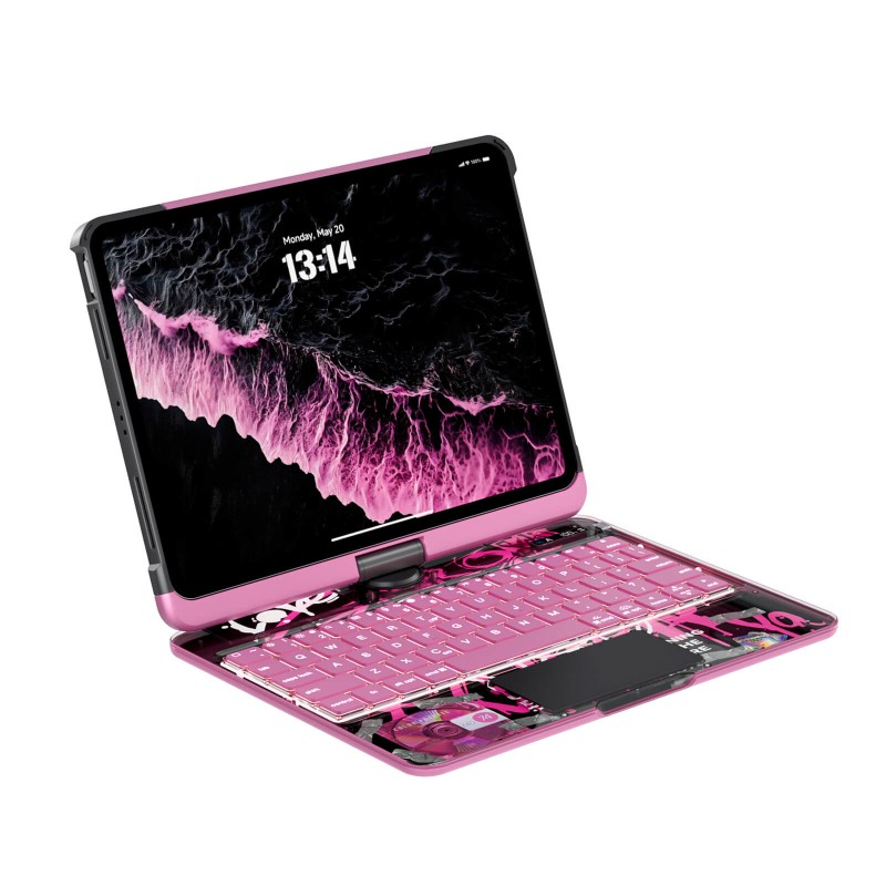 Transparent Pink Backlit iPad Keyboard Case, Suitable for iPad Tablets, 7-Color Backlit,Magic Wireless Keyboard, 360°Rotating,with trackpad,Pencil Holder