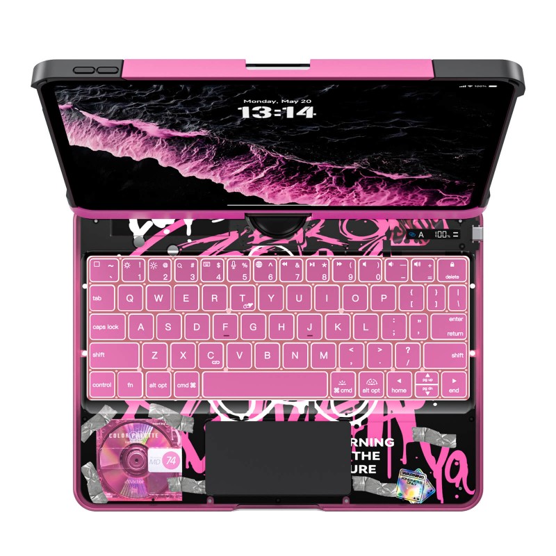 Transparent Pink Backlit iPad Keyboard Case, Suitable for iPad Tablets, 7-Color Backlit,Magic Wireless Keyboard, 360°Rotating,with trackpad,Pencil Holder